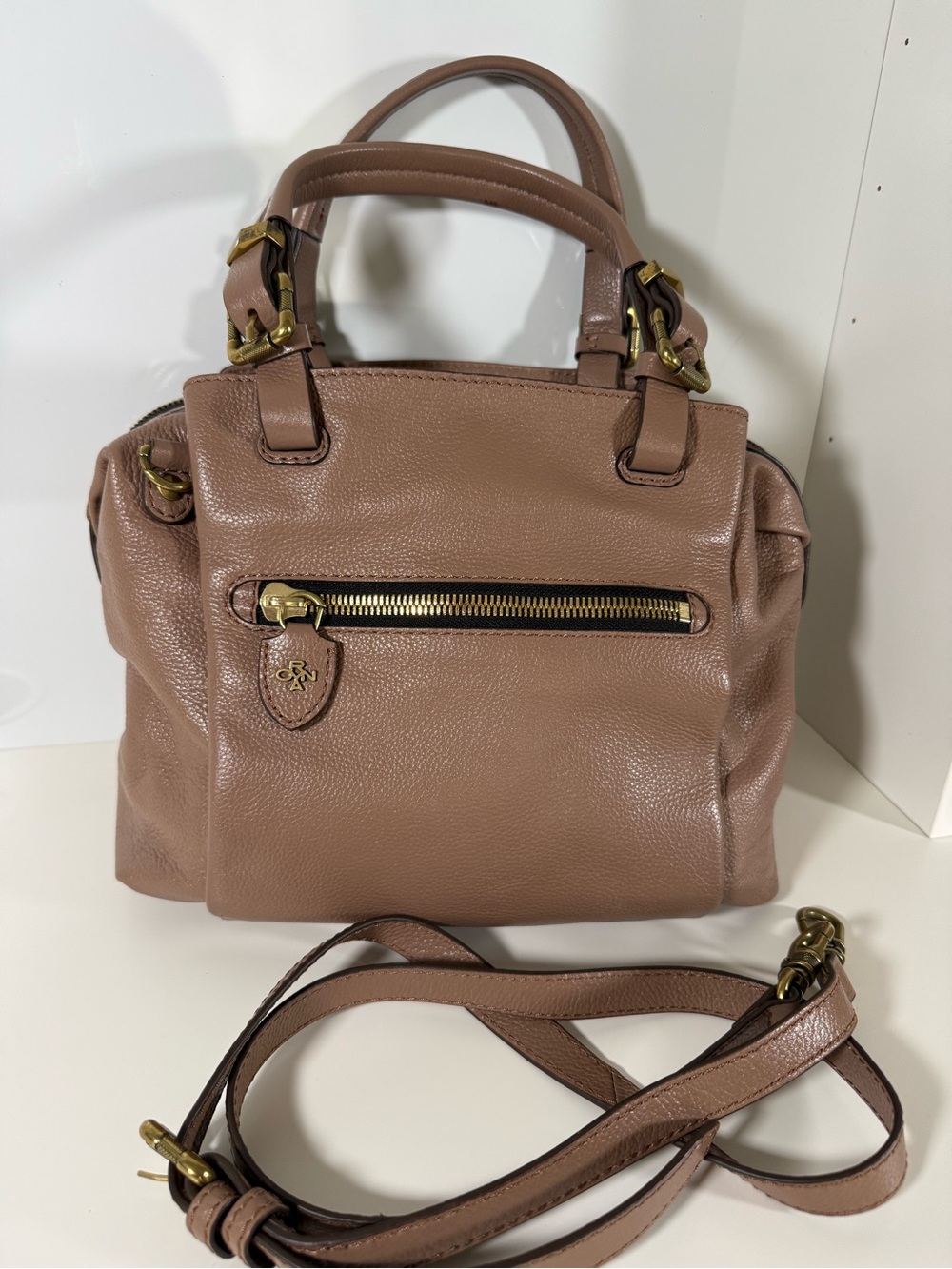 orYANY Taupe Mushroom Pebbled Leather Satchel with Gold Hardware